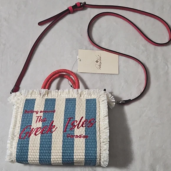 Patricia Nash Small Woven Striped Greek Isles Tote/Crossbody: Natural/Blue/Red - Picture 5 of 13